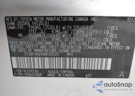 2010 Toyota Rav4 из США, поврежденный, VIN 2T3BF4DVXAW035520